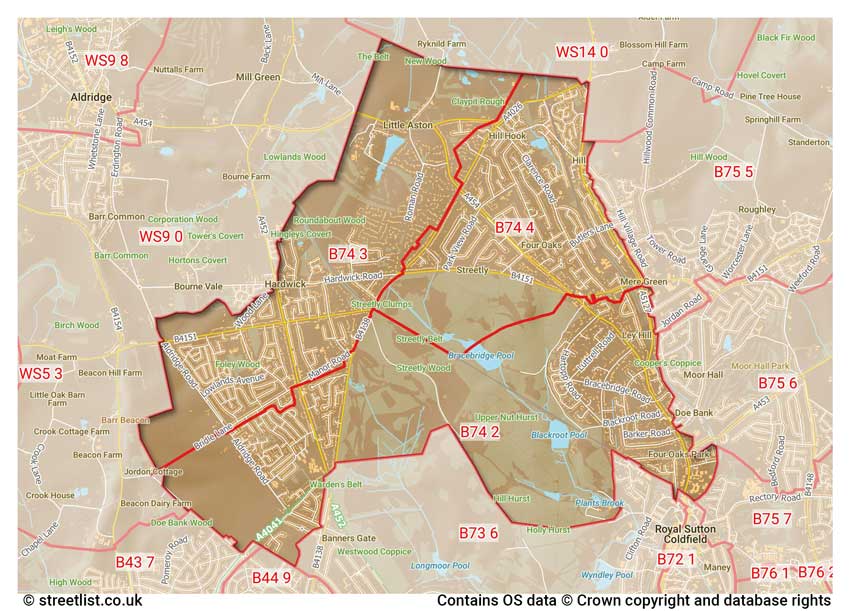 map showing postcode sectors within the B74 district