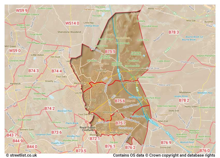 map showing postcode sectors within the B75 district