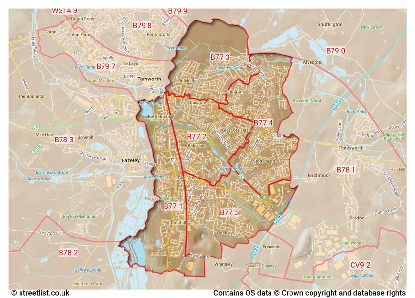 map showing postcode sectors within the B77 district