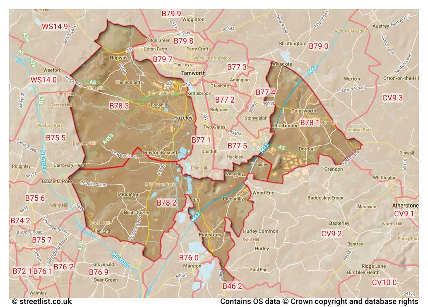 map showing postcode sectors within the B78 district