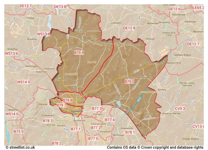 map showing postcode sectors within the B79 district