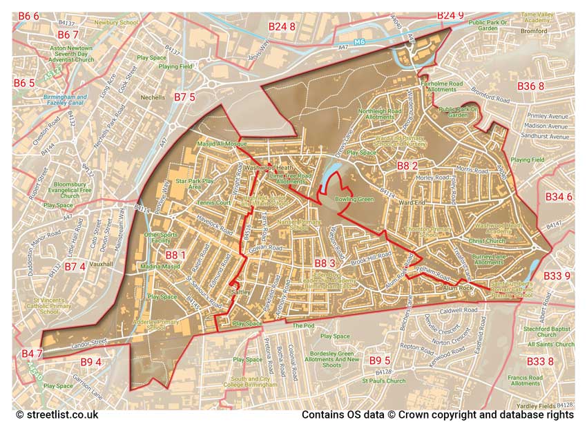 map showing postcode sectors within the B8 district