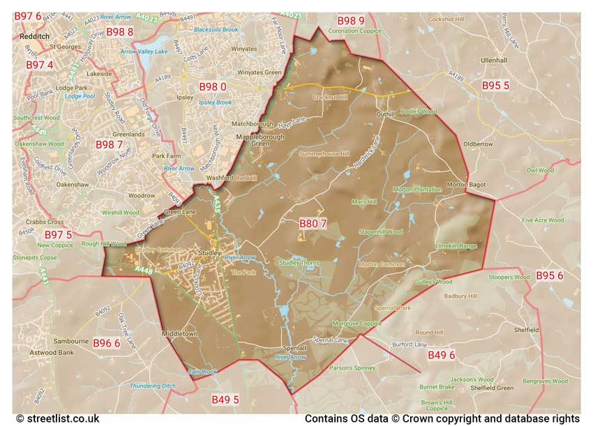 map showing postcode sectors within the B80 district