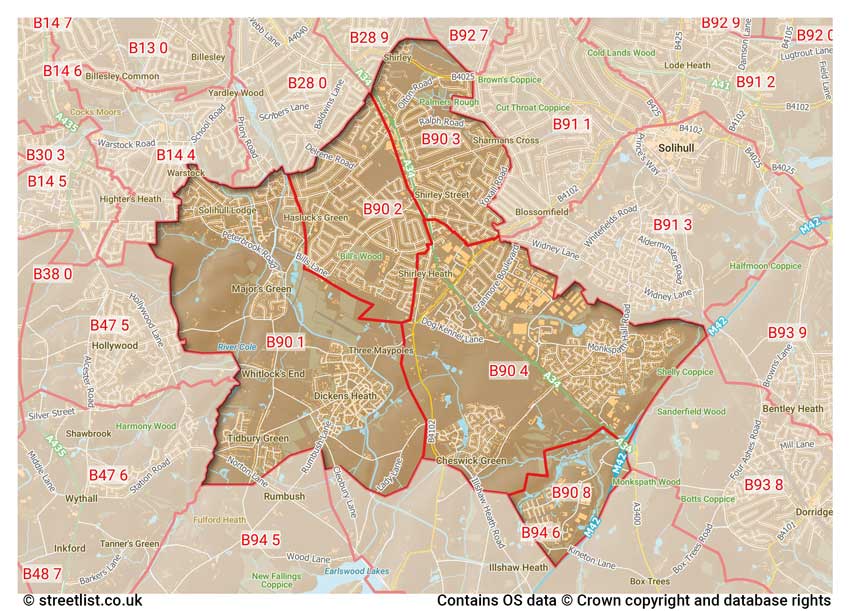 map showing postcode sectors within the B90 district