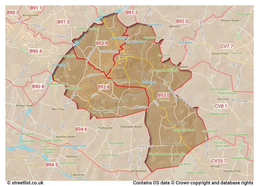 map showing postcode sectors within the B93 district