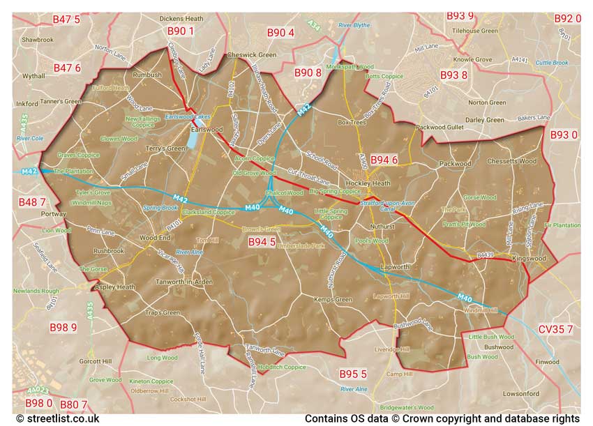 map showing postcode sectors within the B94 district