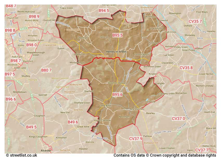 map showing postcode sectors within the B95 district