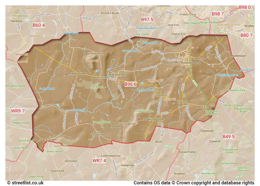 map showing postcode sectors within the B96 district