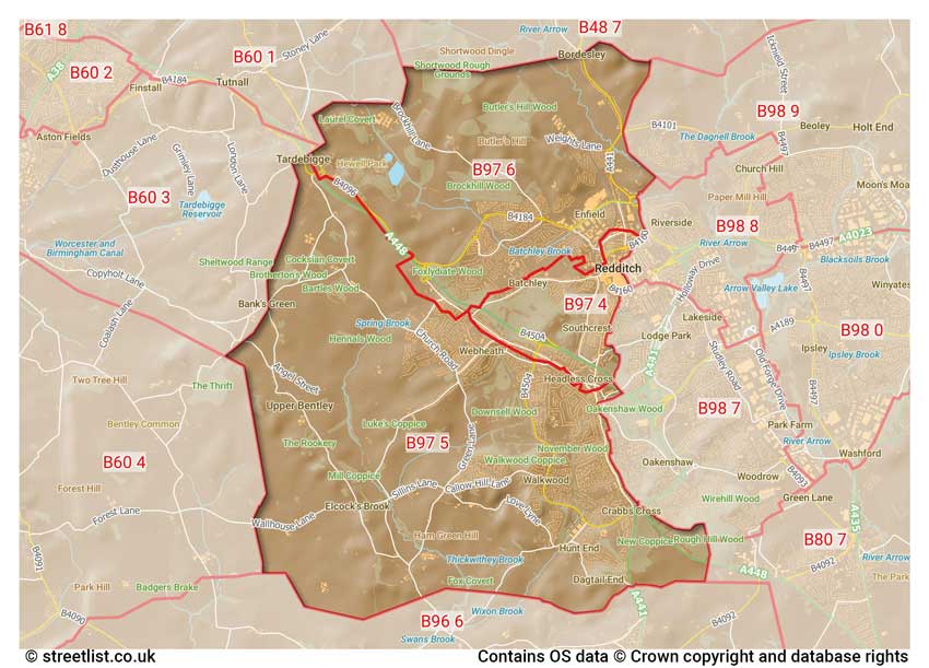 map showing postcode sectors within the B97 district