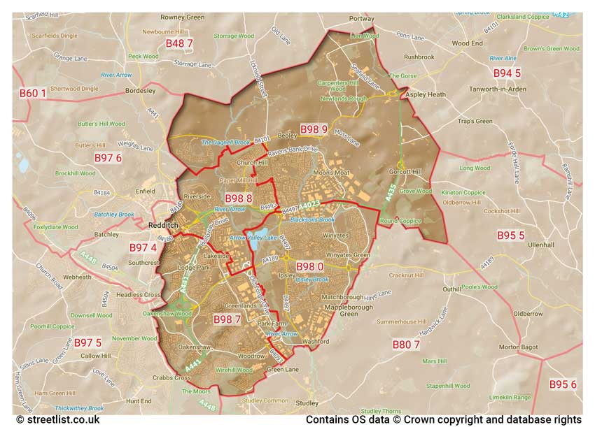 map showing postcode sectors within the B98 district