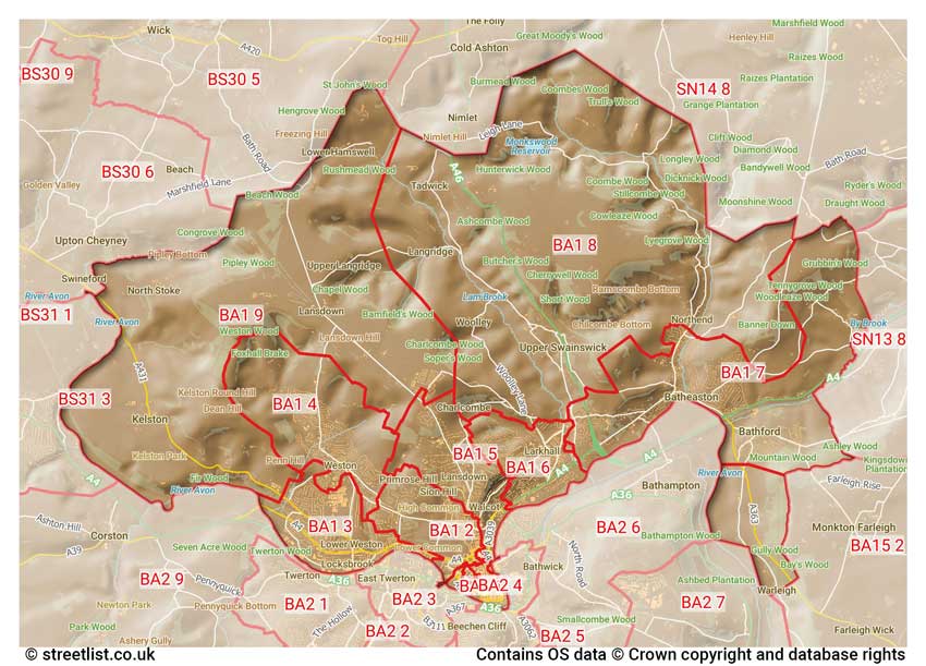 map showing postcode sectors within the BA1 district