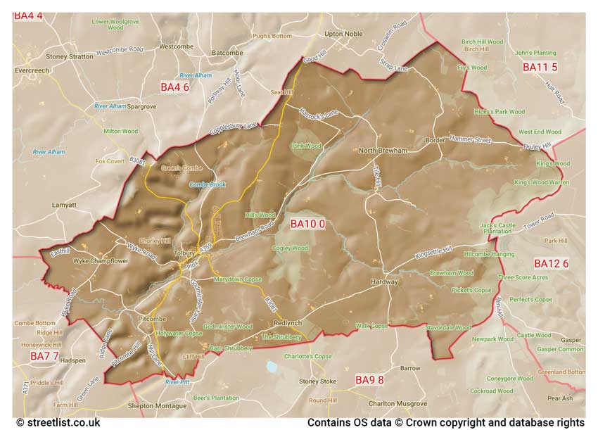 map showing postcode sectors within the BA10 district