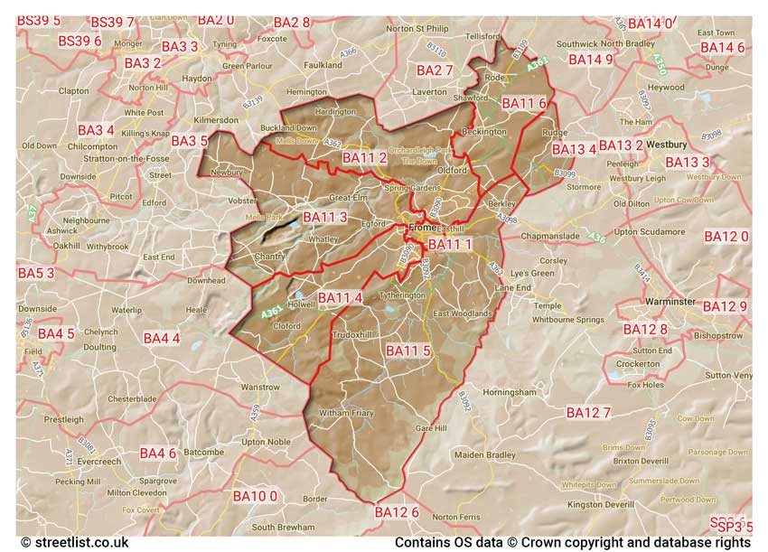 map showing postcode sectors within the BA11 district