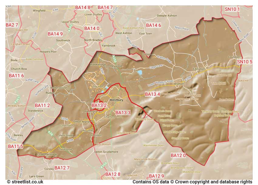 map showing postcode sectors within the BA13 district