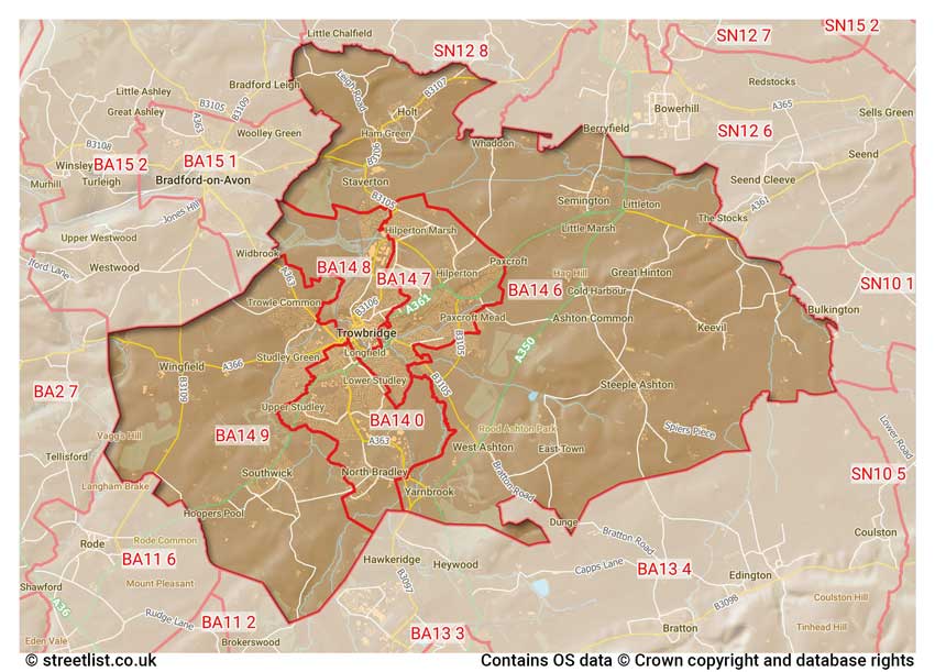 map showing postcode sectors within the BA14 district