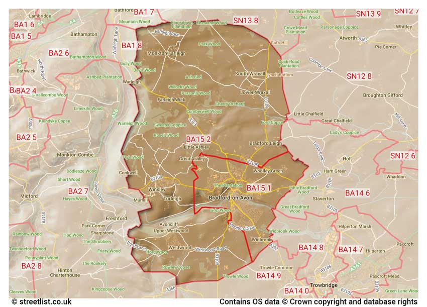 map showing postcode sectors within the BA15 district