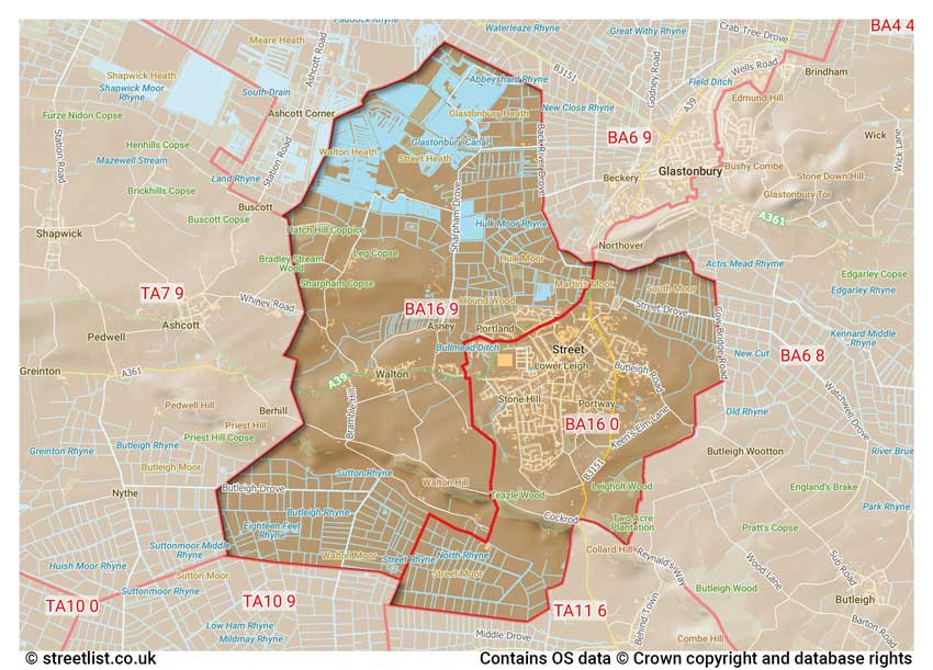 map showing postcode sectors within the BA16 district