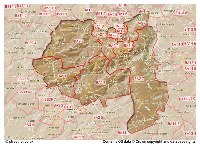 map showing postcode sectors within the BA2 district