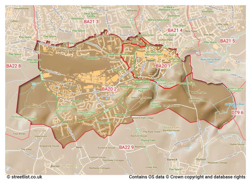 map showing postcode sectors within the BA20 district