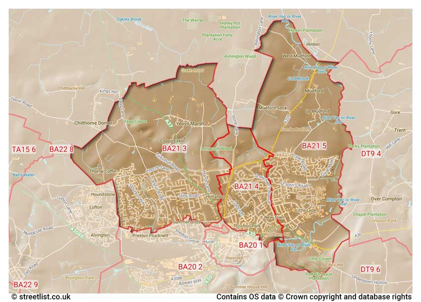 map showing postcode sectors within the BA21 district