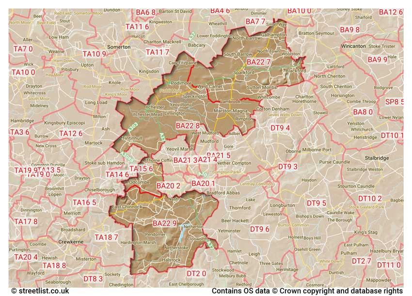 map showing postcode sectors within the BA22 district