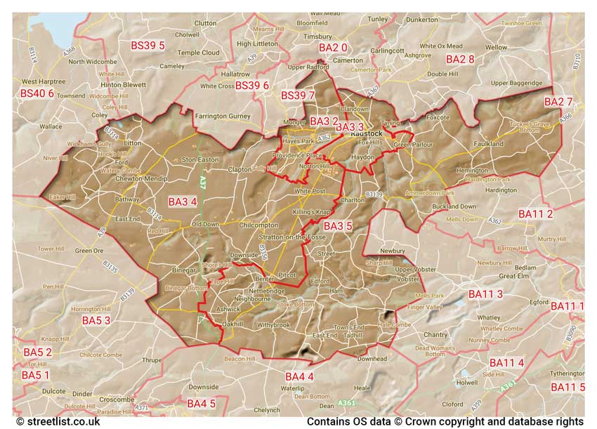 map showing postcode sectors within the BA3 district