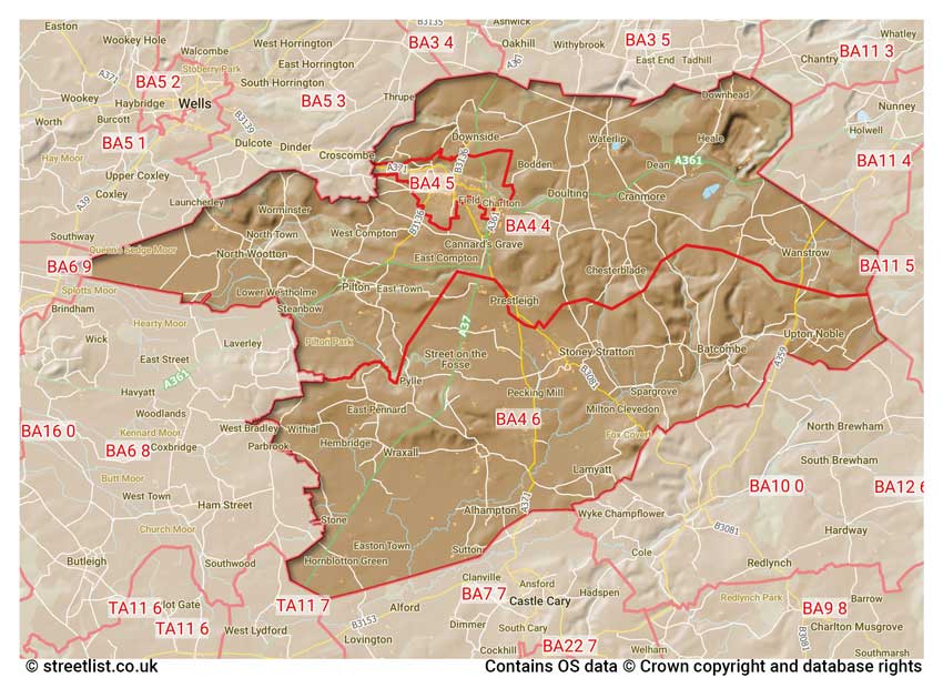 map showing postcode sectors within the BA4 district