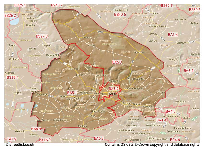 map showing postcode sectors within the BA5 district