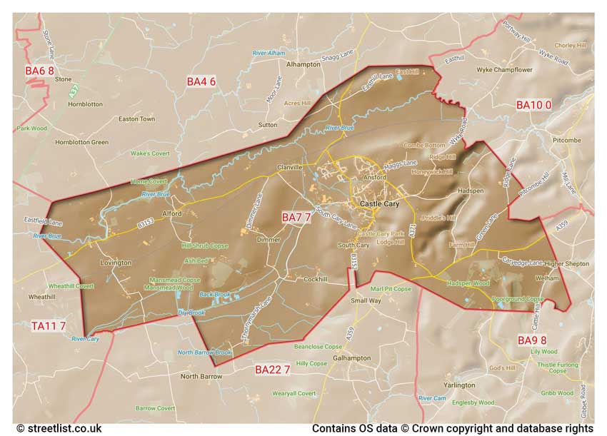 map showing postcode sectors within the BA7 district