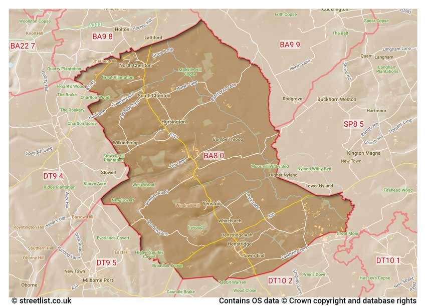 map showing postcode sectors within the BA8 district