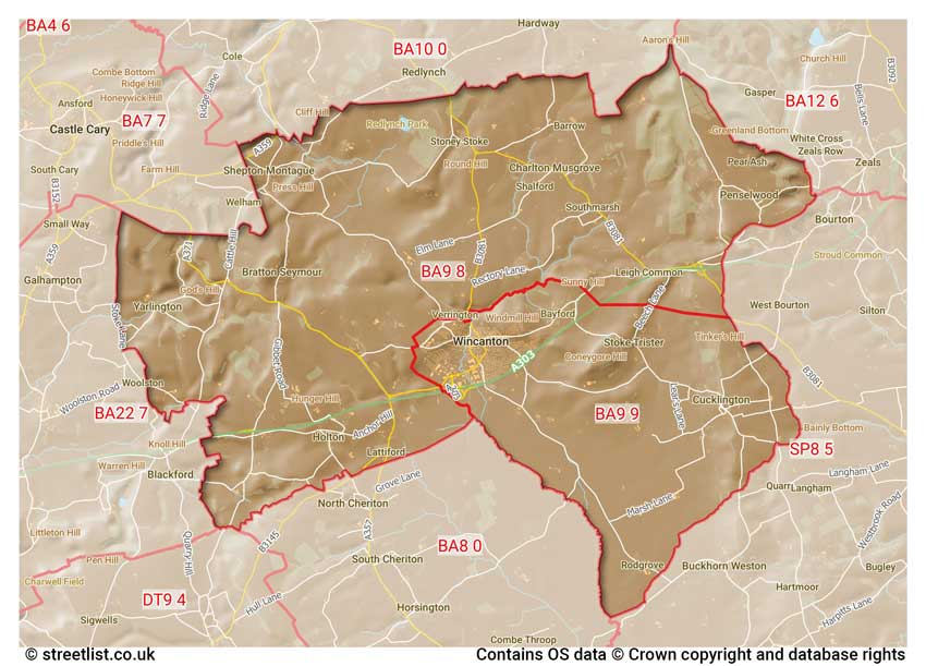 map showing postcode sectors within the BA9 district