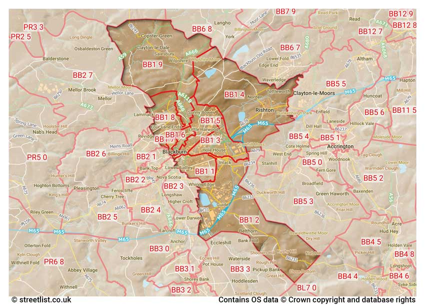 map showing postcode sectors within the BB1 district