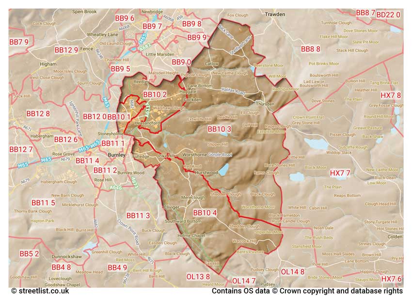 map showing postcode sectors within the BB10 district