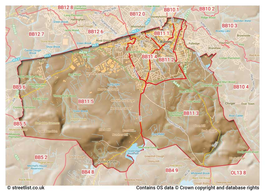 map showing postcode sectors within the BB11 district