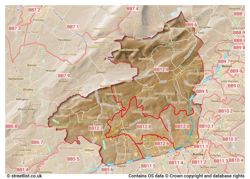 map showing postcode sectors within the BB12 district