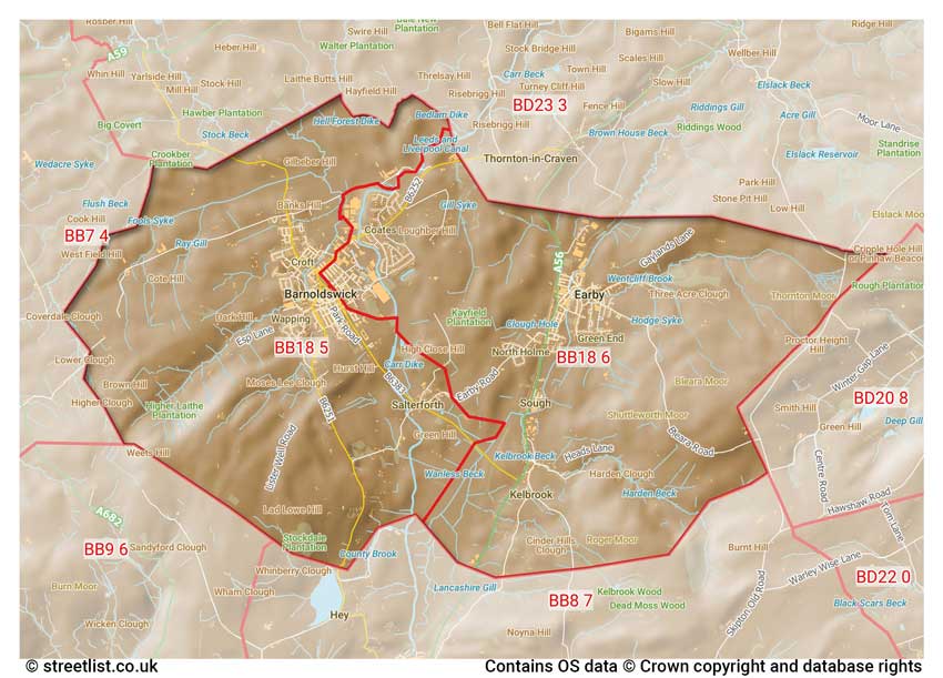 map showing postcode sectors within the BB18 district