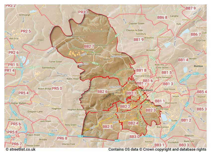 map showing postcode sectors within the BB2 district