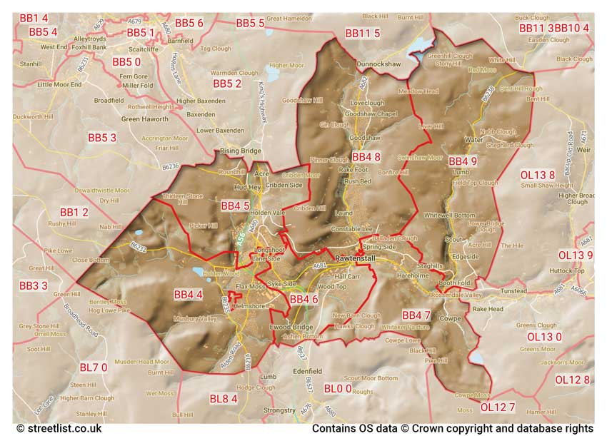 map showing postcode sectors within the BB4 district