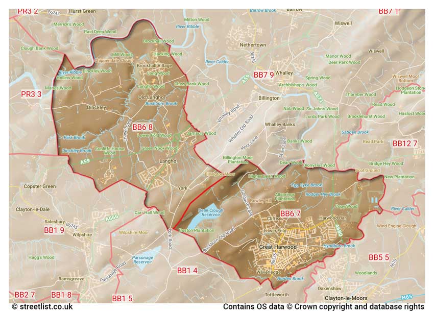 map showing postcode sectors within the BB6 district