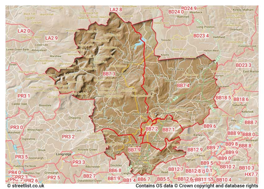 map showing postcode sectors within the BB7 district