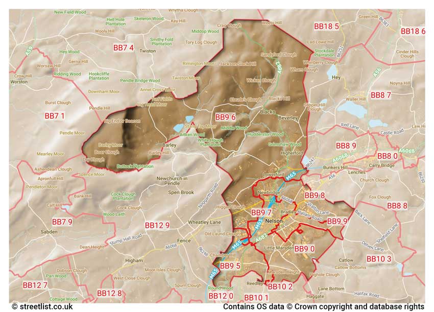 map showing postcode sectors within the BB9 district