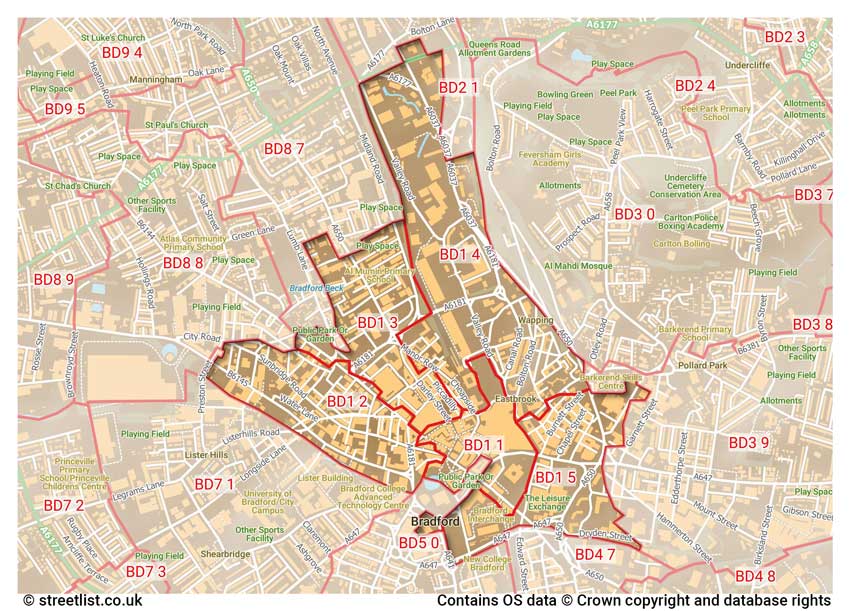 map showing postcode sectors within the BD1 district