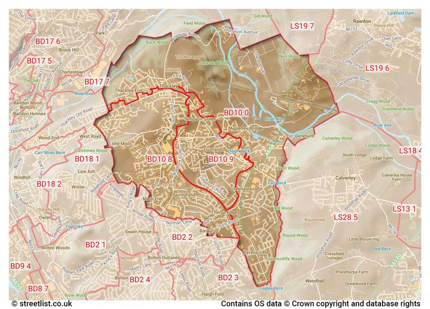 map showing postcode sectors within the BD10 district