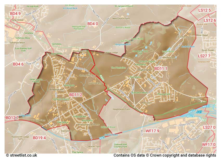 map showing postcode sectors within the BD11 district