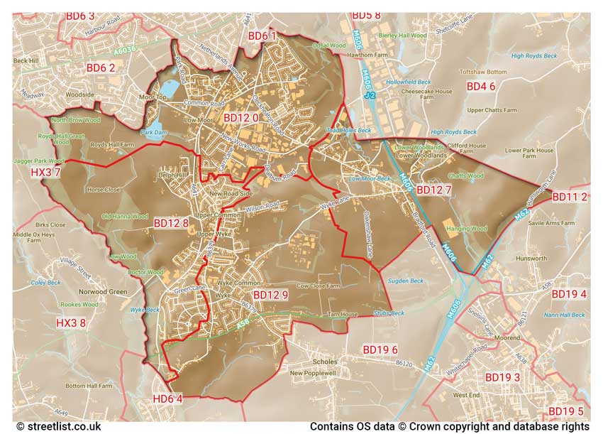 map showing postcode sectors within the BD12 district