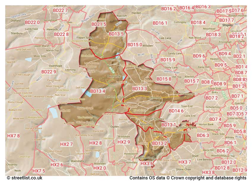 map showing postcode sectors within the BD13 district