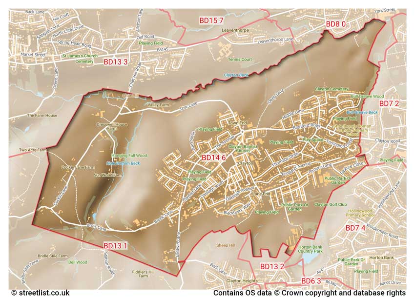 map showing postcode sectors within the BD14 district