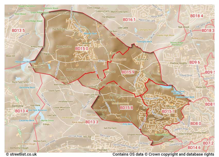 map showing postcode sectors within the BD15 district