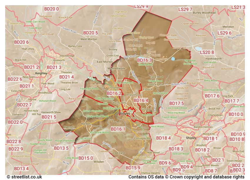 map showing postcode sectors within the BD16 district