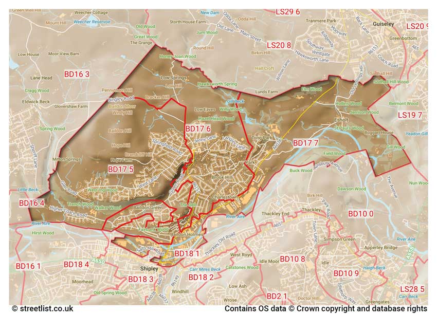 map showing postcode sectors within the BD17 district